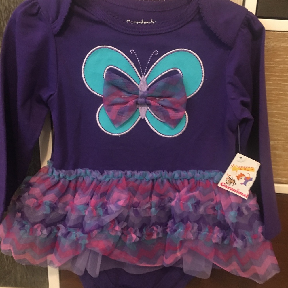Purple long sleeve onesie w tutu in pink and blue